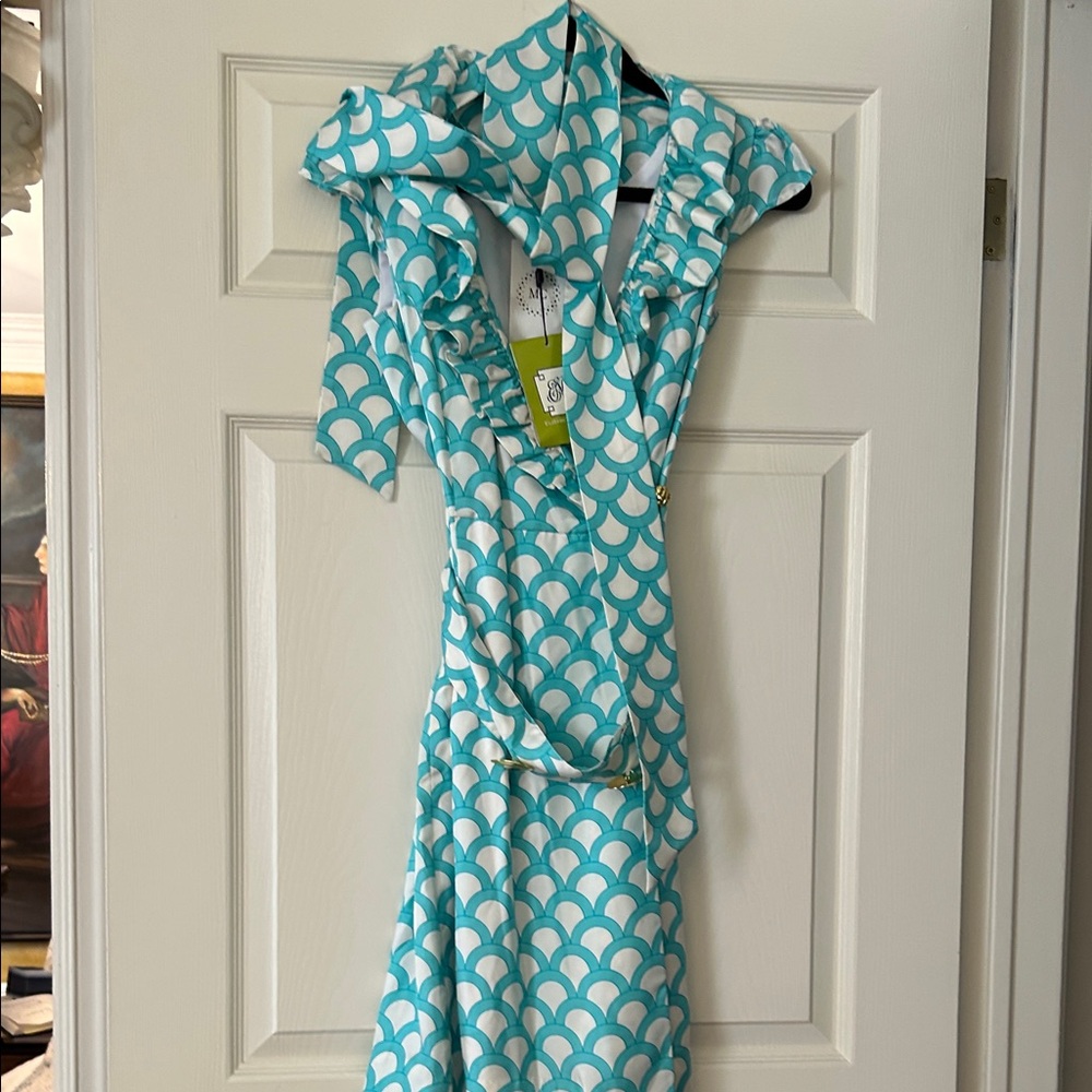 Elizabeth McKay Teal and White Asymmetrical Dress